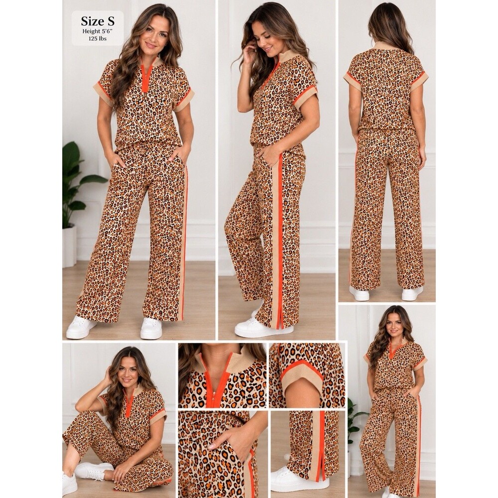 VOY Women's Leopard Print 2 Piece Lounge Set Size Small NWT Quarter Zip Wide Leg